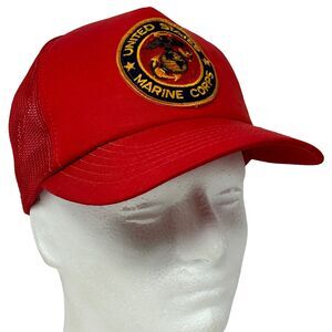 US Marine Corps Trucker Hat Cap Red Vintage 80s USMC Military Snapback 5 Panel